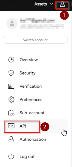 OKX account menu — open API