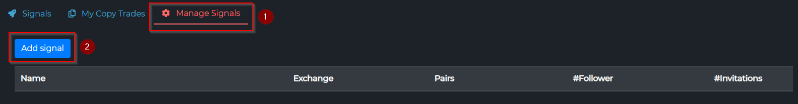 Manage Signals tab with the Add signal button