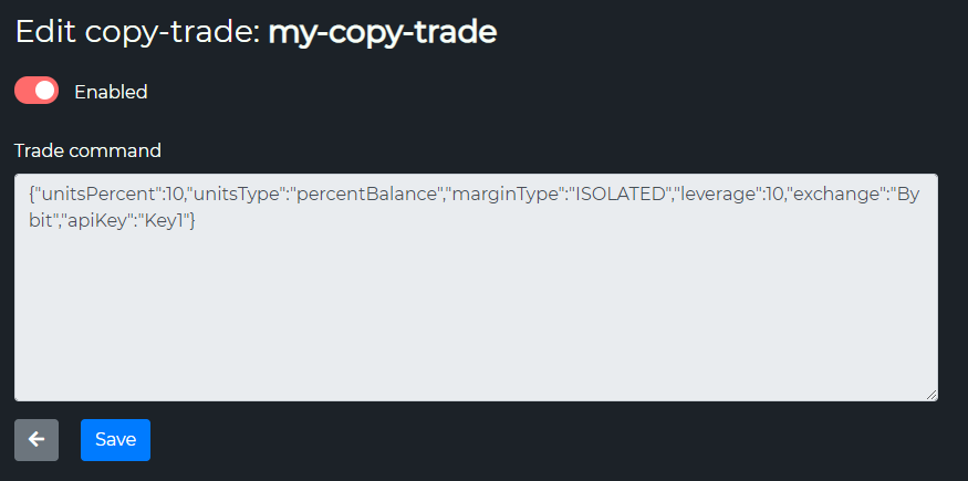 Edit copy-trade page with an Enabled toggle and the raw trade command