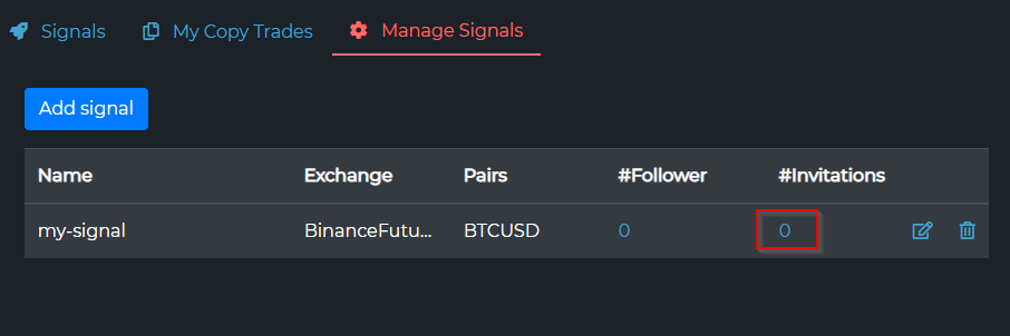 The #Invitations counter in the Manage Signals list