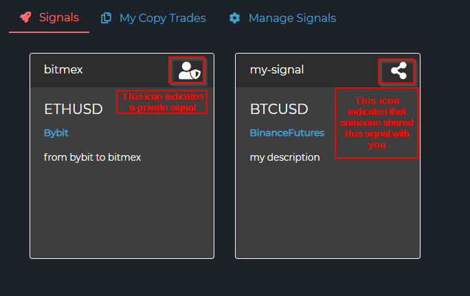 Recipient's Signals tab; the share icon marks a signal someone shared with you