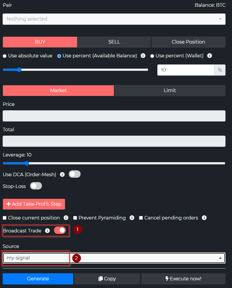 Broadcast Trade switch and Source dropdown at the bottom of the Trade Command Builder