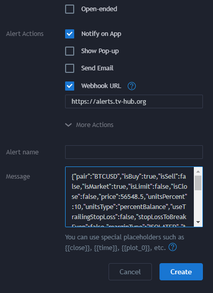 TradingView alert dialog with the TVH webhook URL and the broadcast TradeCommand in the Message field