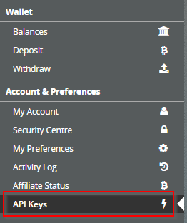 BitMex Account sidebar — API Keys