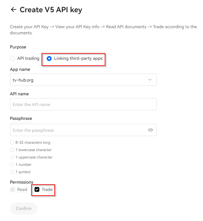 OKX Create V5 API key — Linking third-party apps, tv-hub.org, passphrase, Trade permission