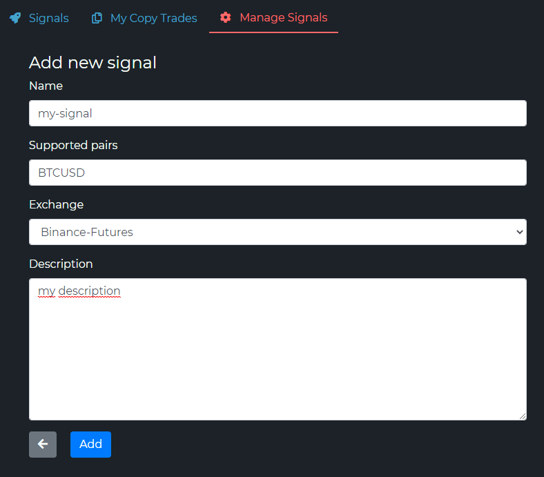 Add new signal form: name, supported pairs, exchange dropdown, description