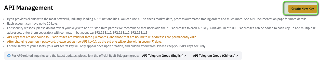 Bybit API Management — Create New Key