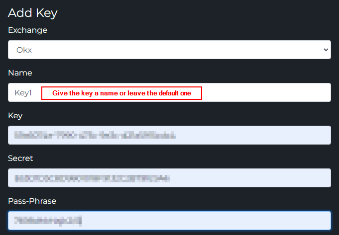 TVH Add Key form — Exchange Okx with Key, Secret and Pass-Phrase