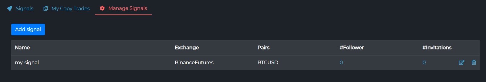 Signal saved and listed in Manage Signals with follower and invitation counters