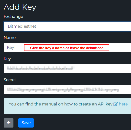 TVH Add Key form — Exchange BitmexTestnet