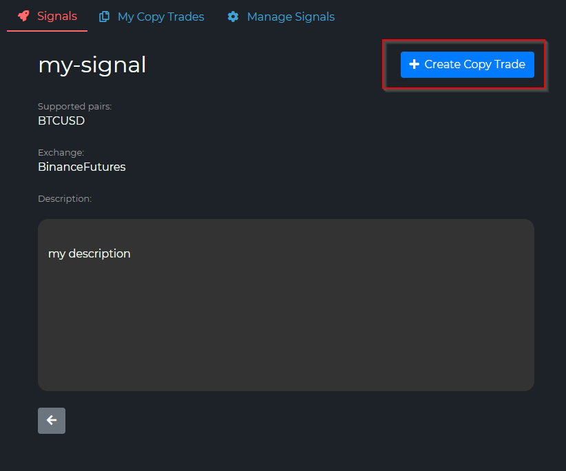 Signal detail view with the Create Copy Trade button