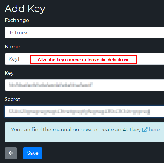 TVH Add Key form — Exchange Bitmex
