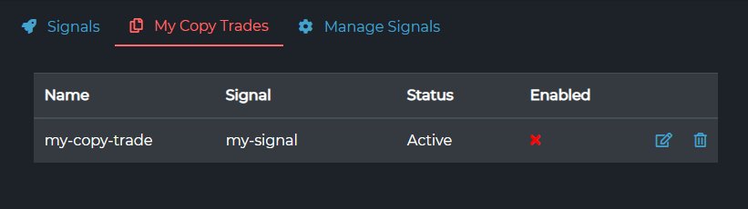 My Copy Trades tab with new disabled entry