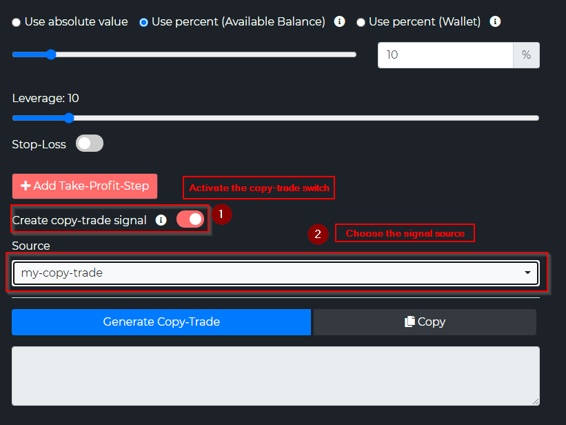 Copy-trade switch with signal source dropdown