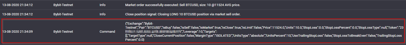 A Command row showing the full TradeCommand JSON, with the token redacted