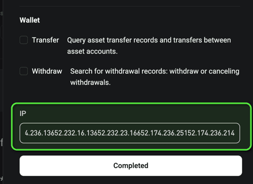 Bitget API key form — the IP field above the Completed button