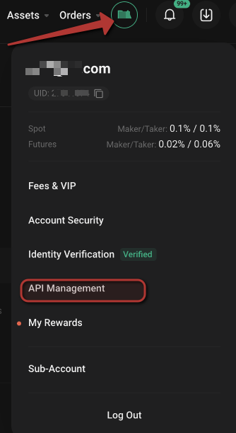 KuCoin account menu — API Management