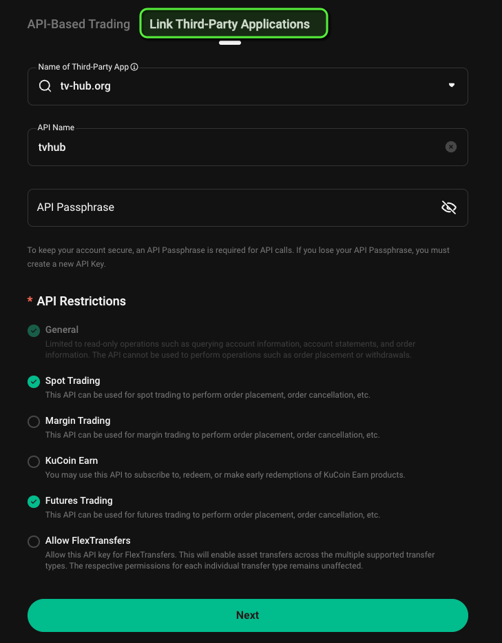 KuCoin Create API — Link Third-Party Applications, tv-hub.org, passphrase, Spot/Futures permissions