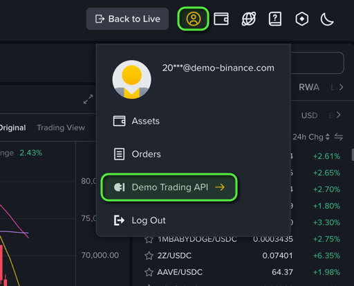 Binance demo profile menu with Demo Trading API highlighted