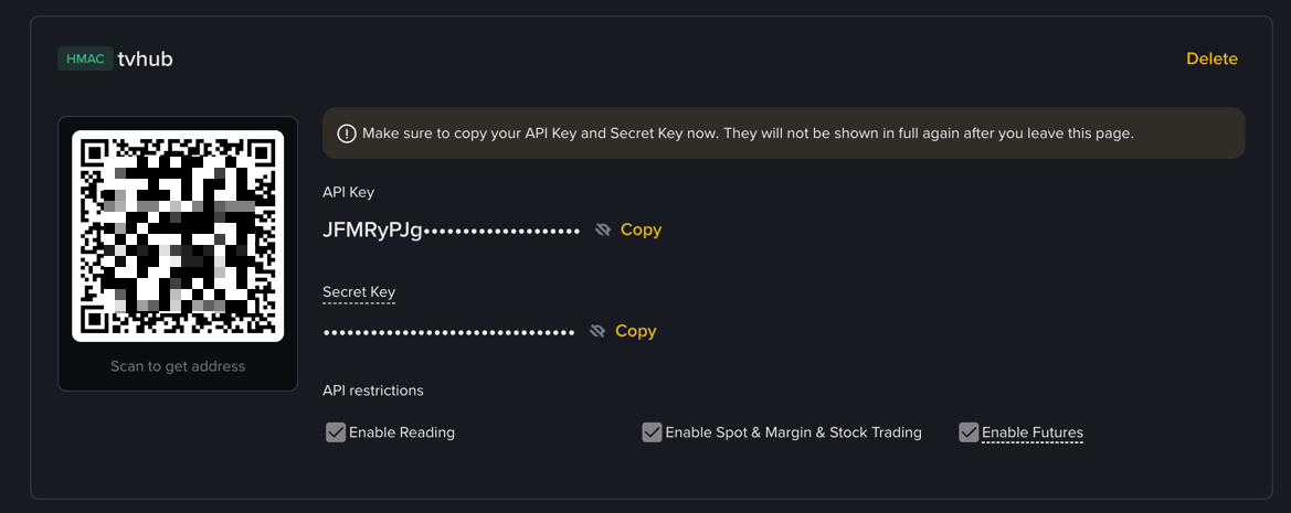 Binance demo API key with the keys and Spot plus Futures permissions enabled