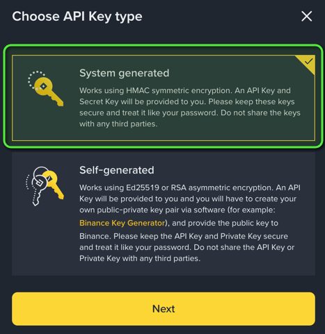 Binance Choose API Key type dialog with System generated selected