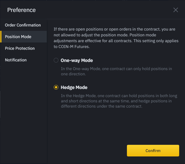 Binance Futures hedge mode setting