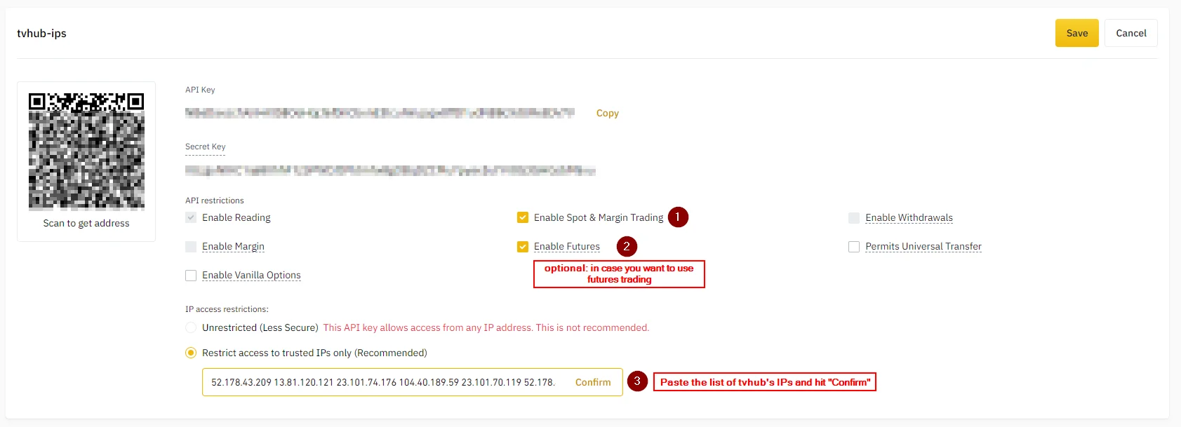 Binance API key settings with Enable Spot and Margin Trading and Enable Futures ticked, withdrawals off, and access restricted to a list of trusted TV-Hub IP addresses.
