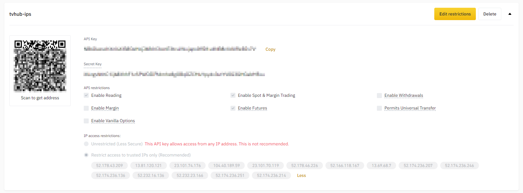 Binance API Management menu