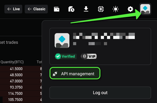Bitget demo profile menu with API management highlighted