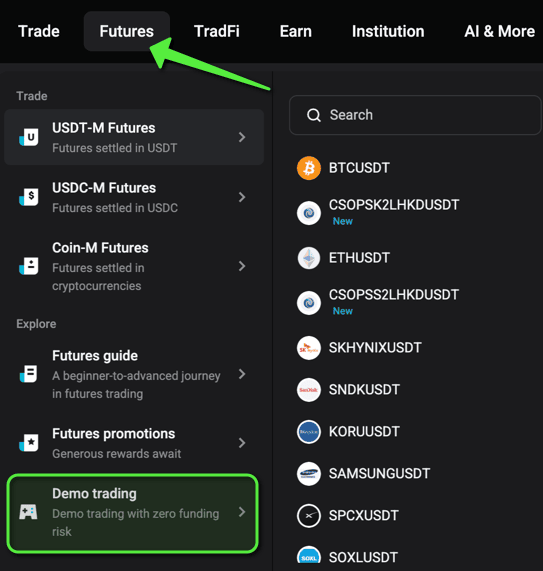 Bitget Futures menu with Demo trading highlighted