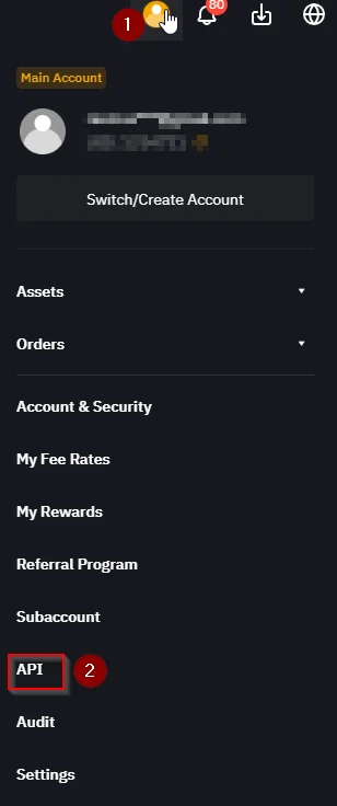 The Bybit account menu open with the API entry highlighted near the bottom.