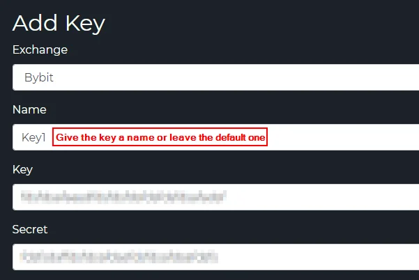 The TradingView Hub Add Key form with Bybit selected and the key and secret fields filled in.
