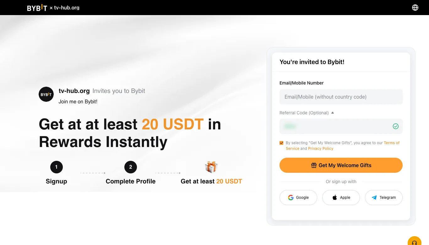 The Bybit sign-up page opened through the TV-Hub link, showing 'tv-hub.org invites you to Bybit', a prefilled Referral Code field with a green check mark, and the offer of at least 20 USDT in rewards.