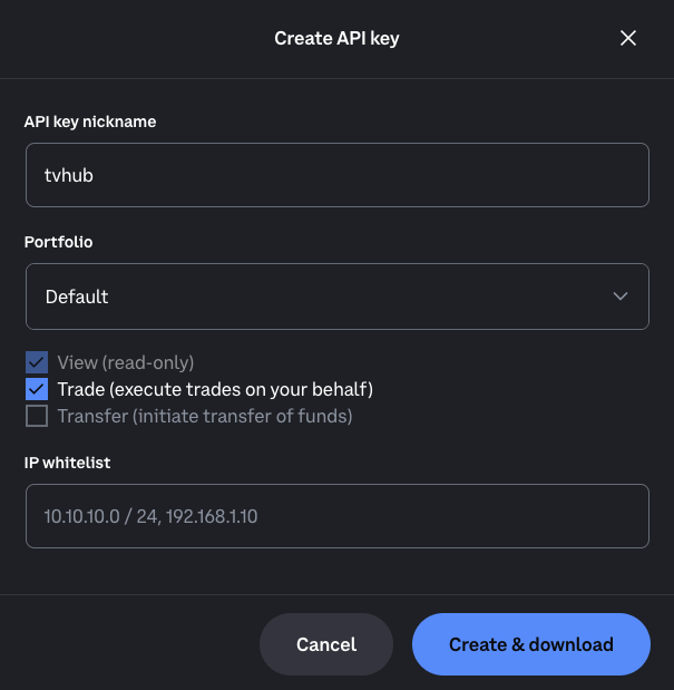 Coinbase Create API key — nickname, portfolio, View + Trade, optional IP whitelist