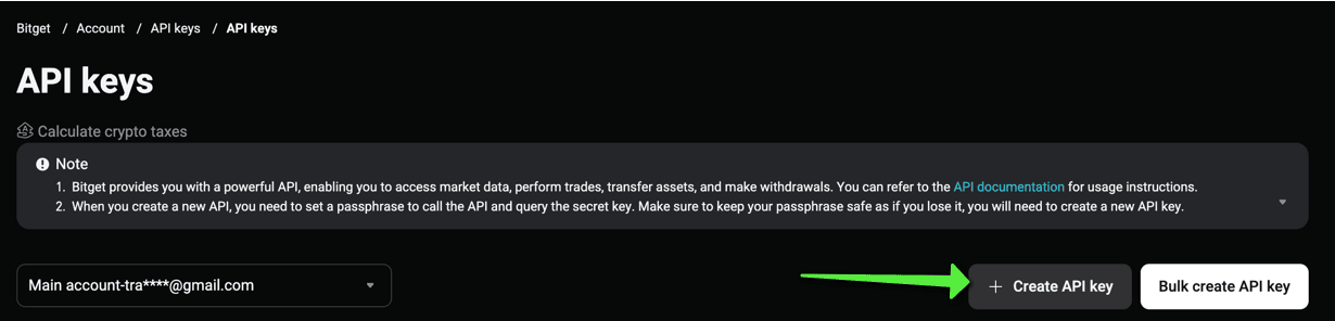 Bitget API keys page — the Create API key button