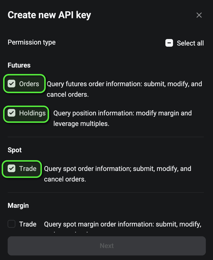 Bitget permission types — Futures Orders, Futures Holdings and Spot Trade
