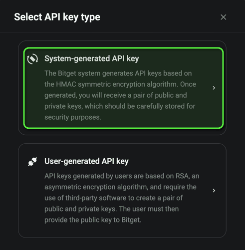 Bitget Select API key type — System-generated API key