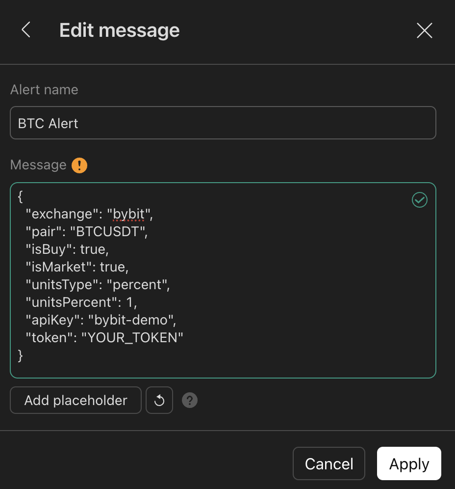 TradingView Edit message panel with the JSON trade command pasted