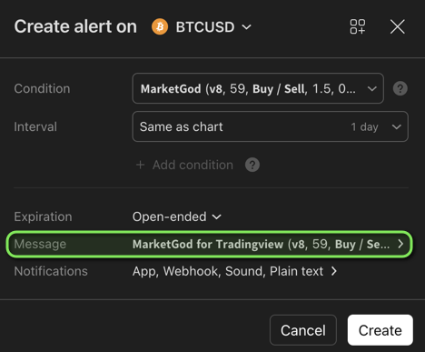TradingView Create Alert dialog with the Message row highlighted
