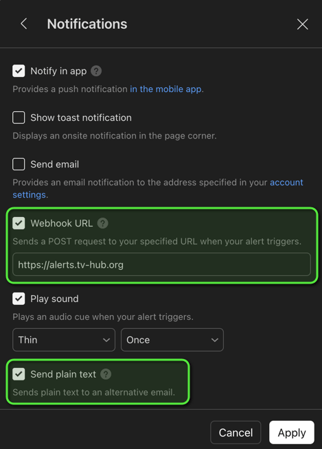 TradingView Notifications panel with Webhook URL and Send plain text enabled