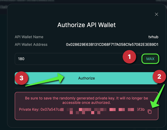 Hyperliquid Authorize API Wallet dialog — MAX, copy the private key, Authorize