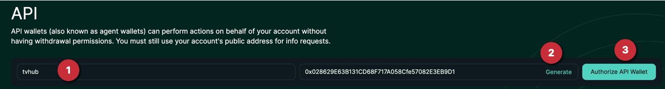 Hyperliquid API page — name the wallet, Generate, Authorize API Wallet