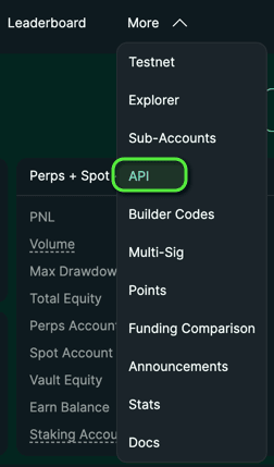 Hyperliquid top navigation — More, then API