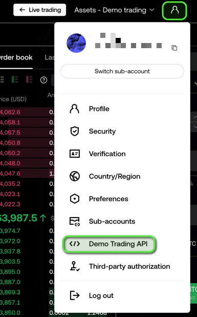 OKX demo profile menu with Demo Trading API highlighted