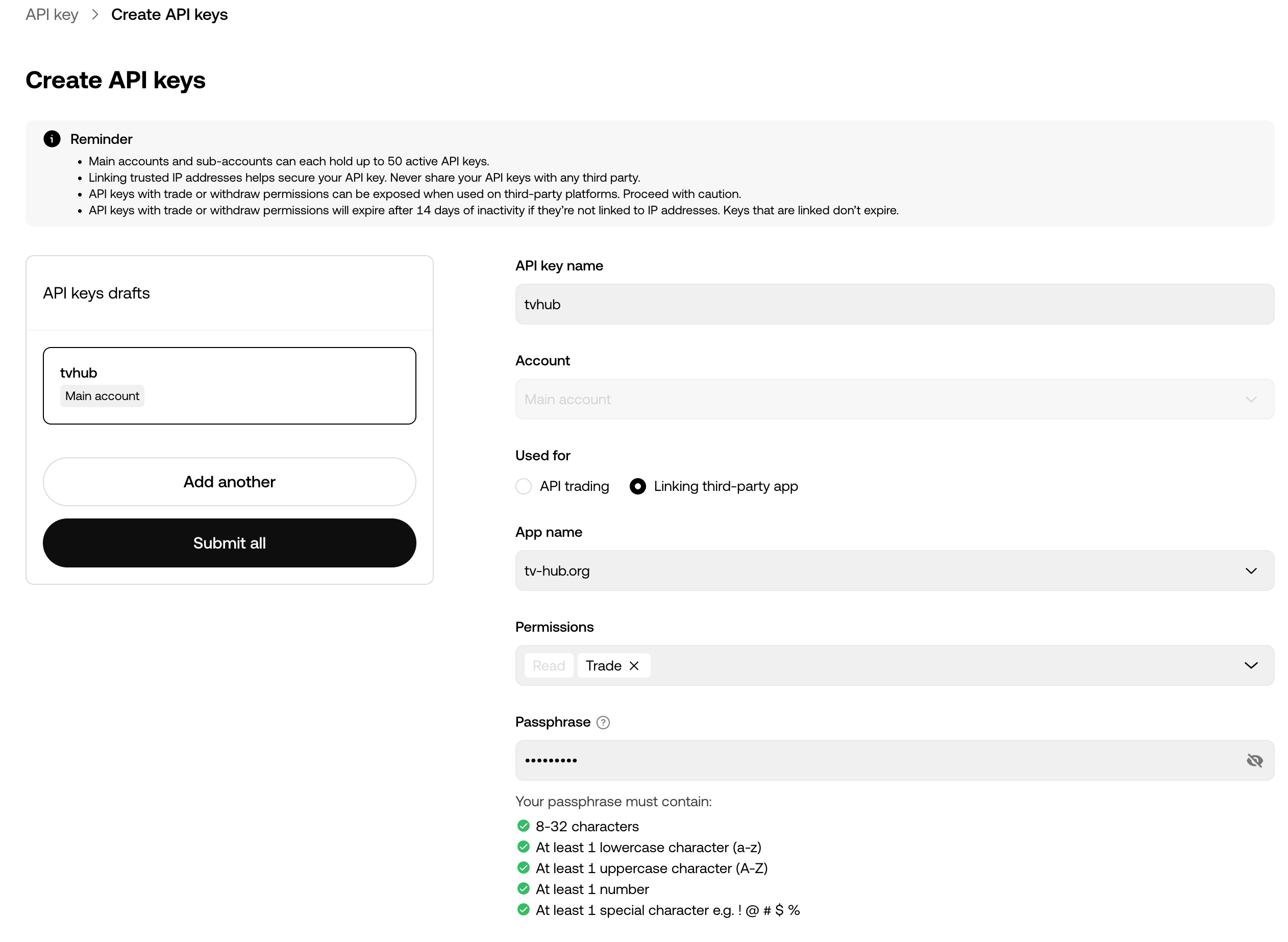 OKX Create API keys form with Trade permission and a passphrase
