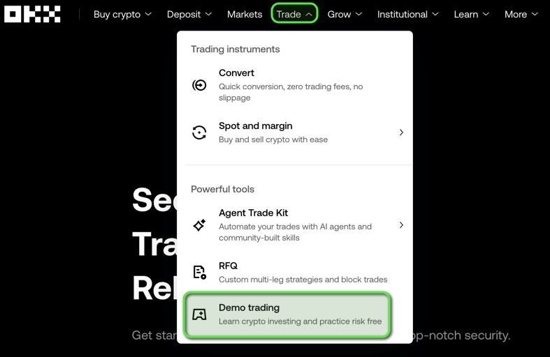OKX Trade menu with Demo trading highlighted