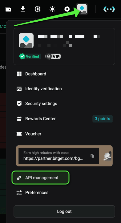 Bitget profile menu — API management