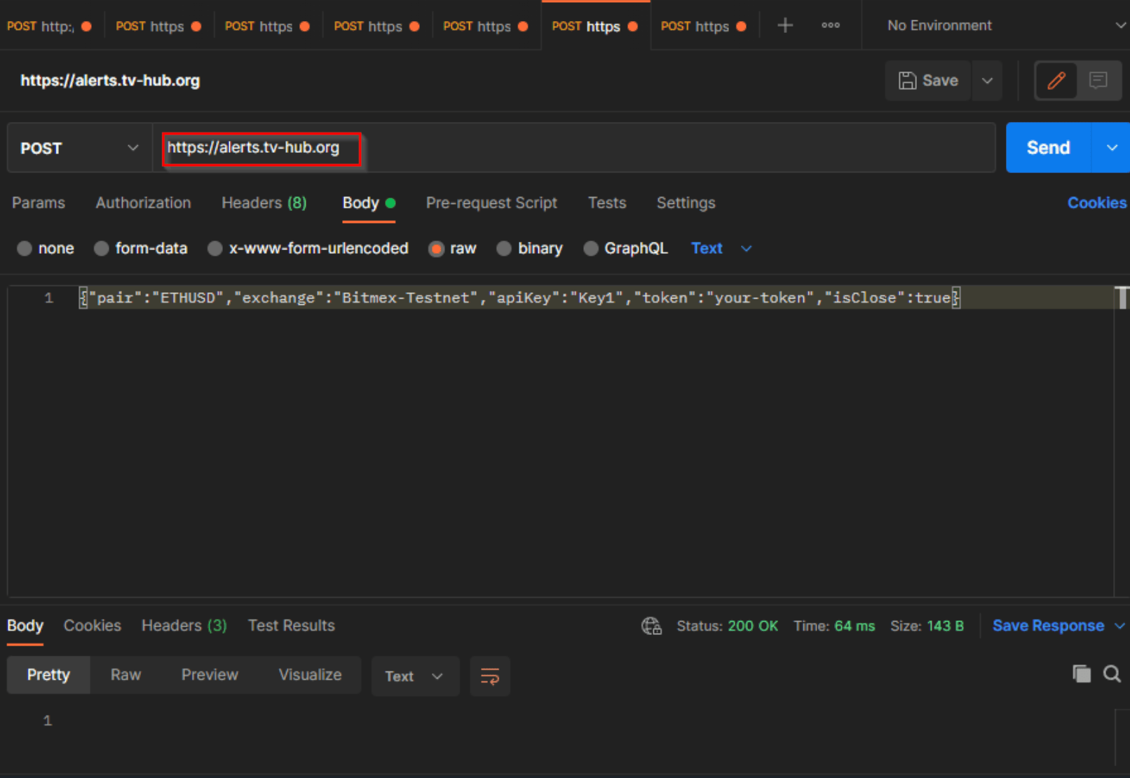 Postman POST to the TVH webhook with a raw TradeCommand body, returning 200 OK