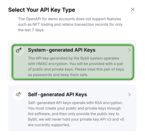 Bybit "Select Your API Key Type" dialog with System-generated selected