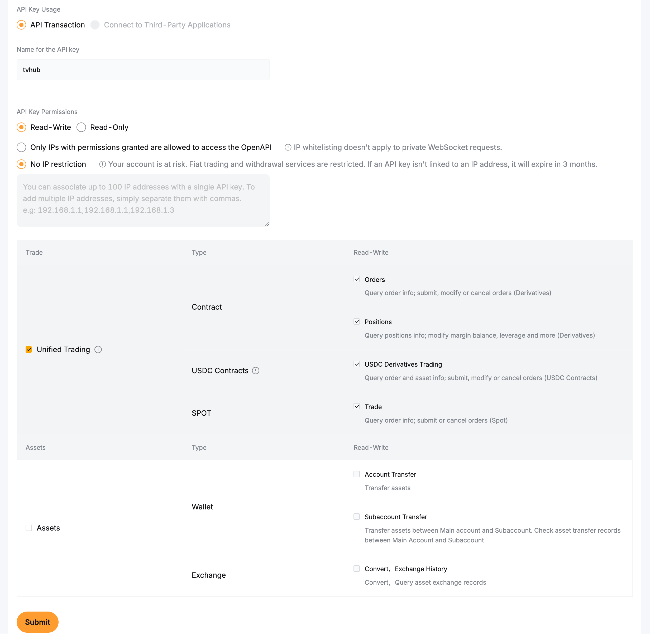 Bybit demo API key form with Unified Trading enabled and Read-Write